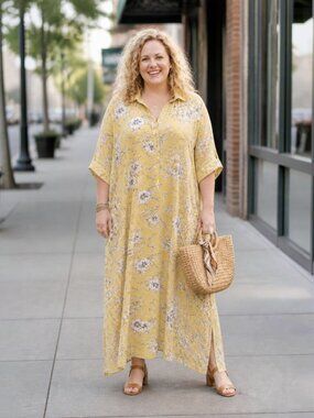 Torrid Yellow Belle Isle Floral Dress with White & Black Botanical Print Size 2X